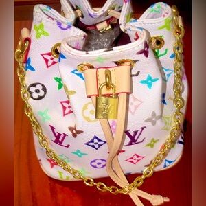 LVxTM white multicolored monogram drawstring Bucket Bag chain/leather strap